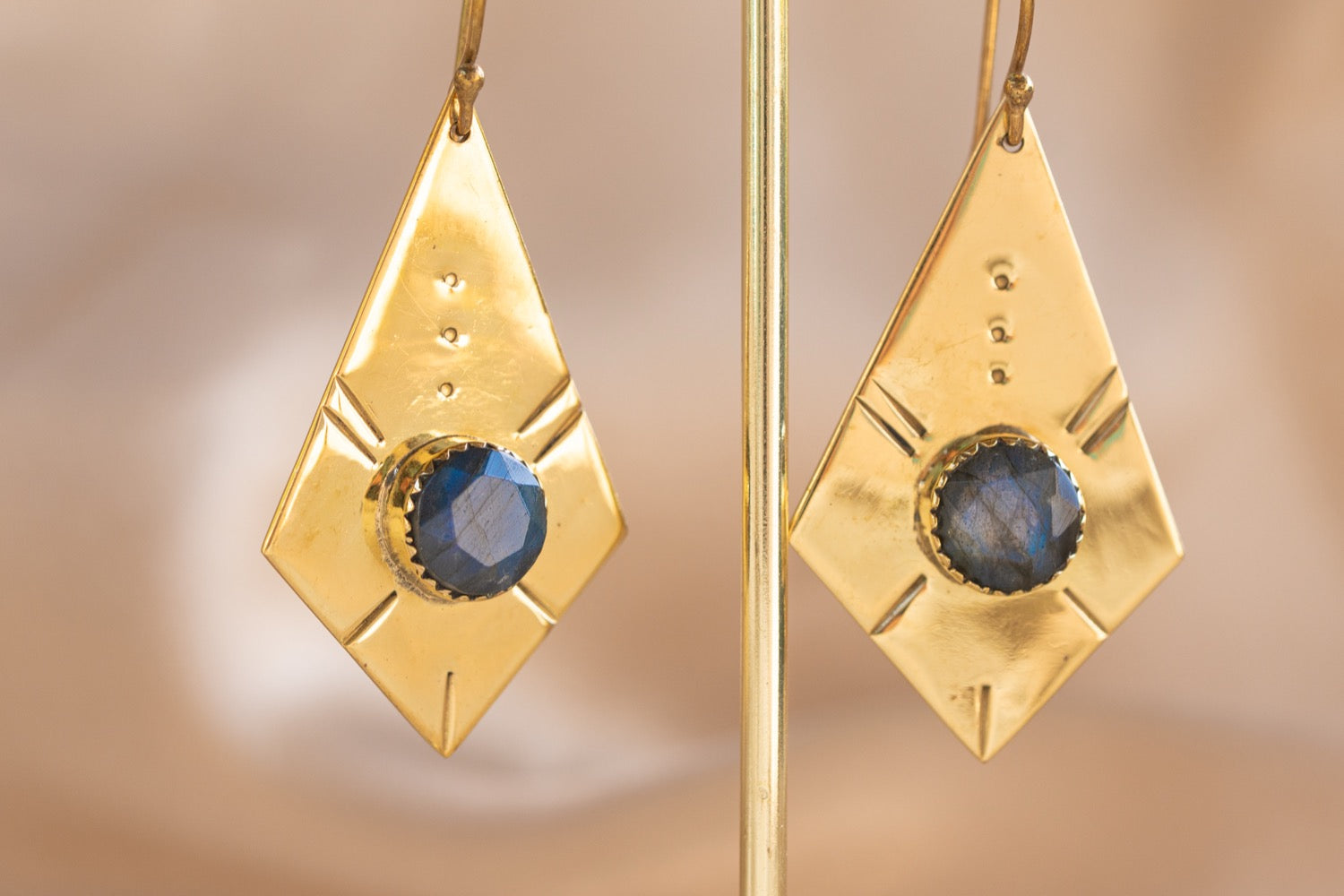 Giza Drop handmade brass earring with labradorite stone — Land of Sundara