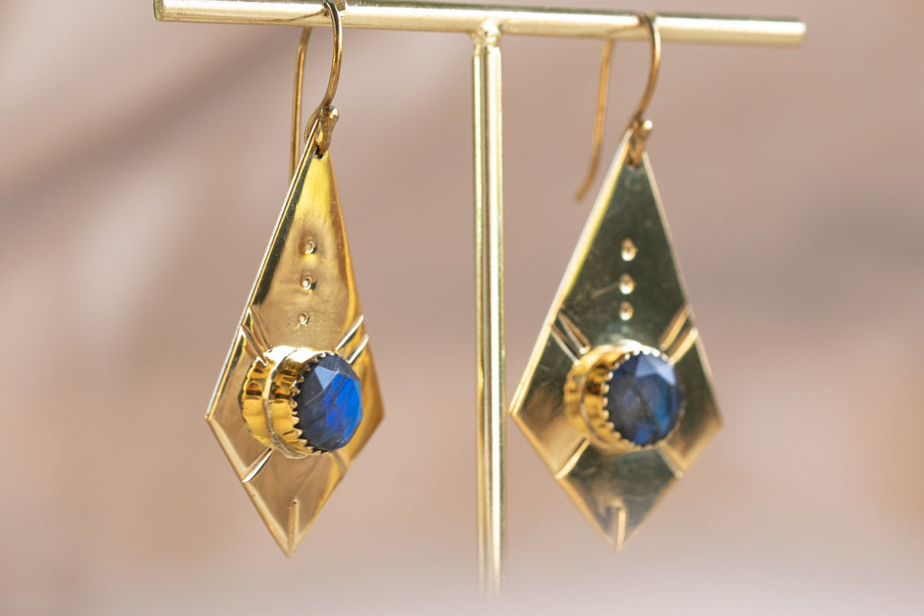 Giza Drop handmade brass earring with labradorite stone — Land of Sundara