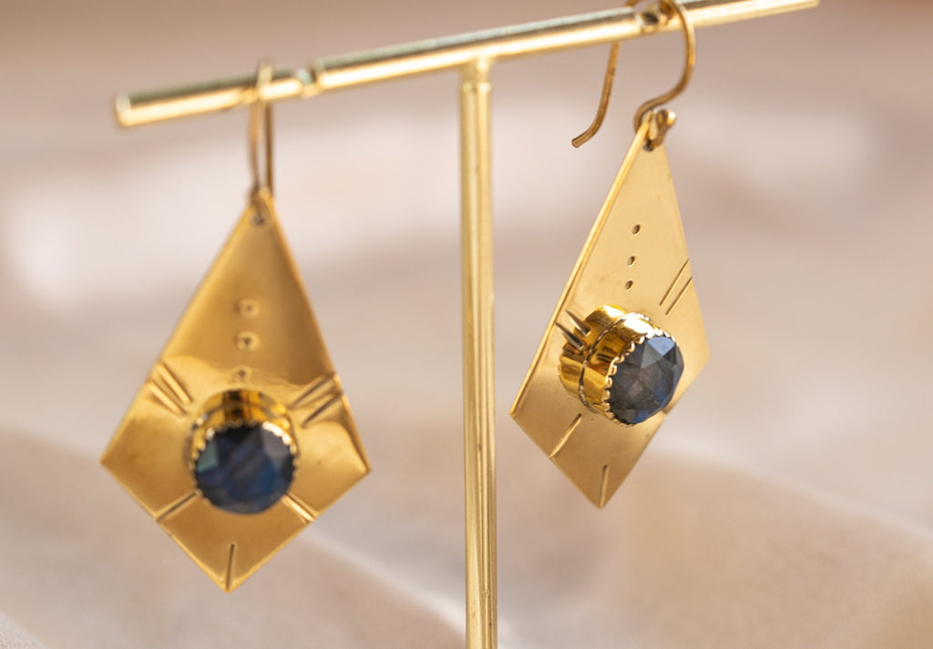 Giza Drop handmade brass earring with labradorite stone — Land of Sundara
