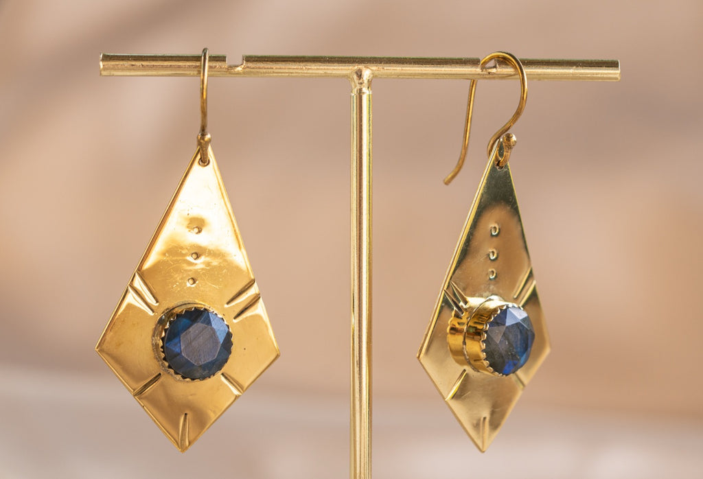 Giza Drop handmade brass earring with labradorite stone — Land of Sundara