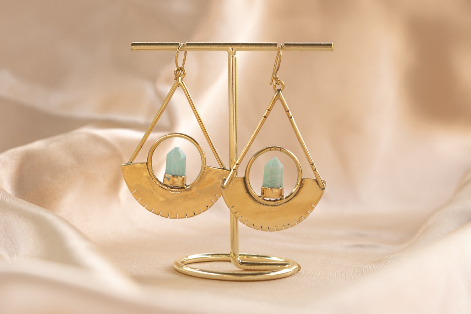 Eclipse Drop handmade brass earring with amazonite stone — Land of Sundara