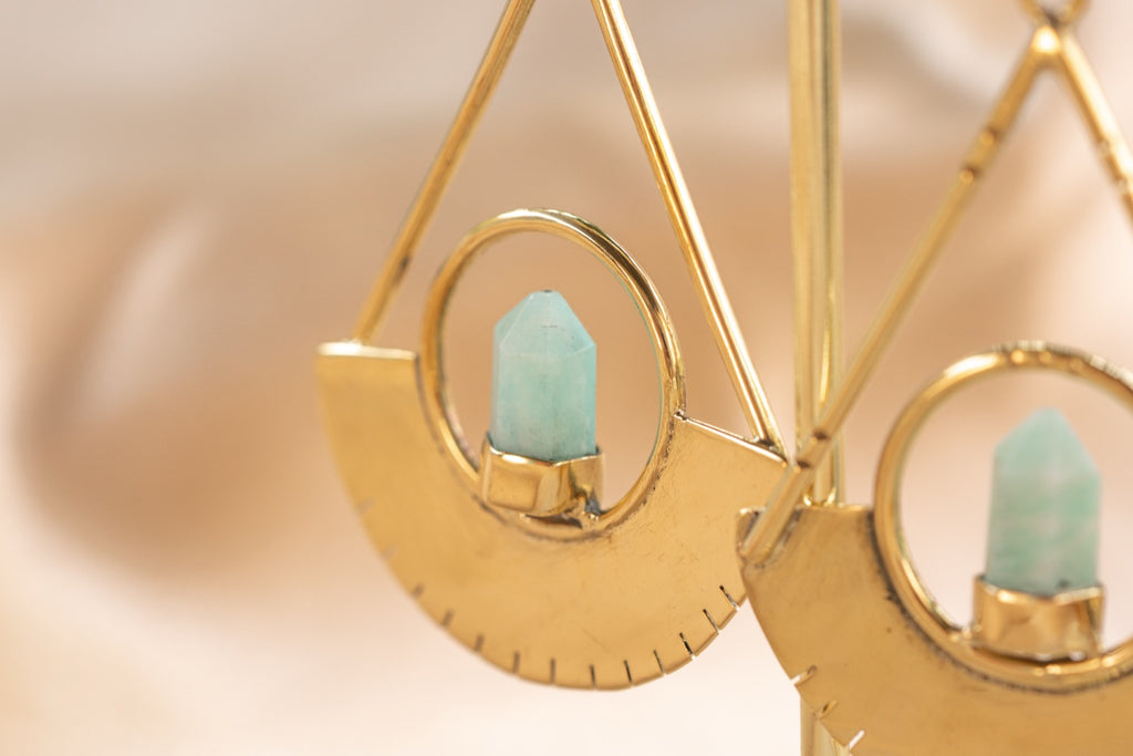 Eclipse Drop handmade brass earring with amazonite stone — Land of Sundara