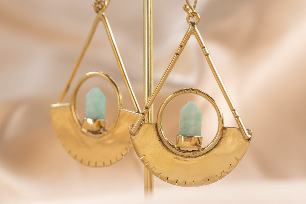 Eclipse Drop handmade brass earring with amazonite stone — Land of Sundara