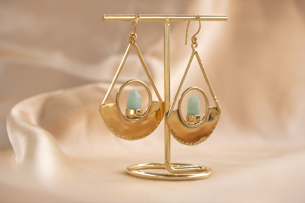 Eclipse Drop handmade brass earring with amazonite stone — Land of Sundara