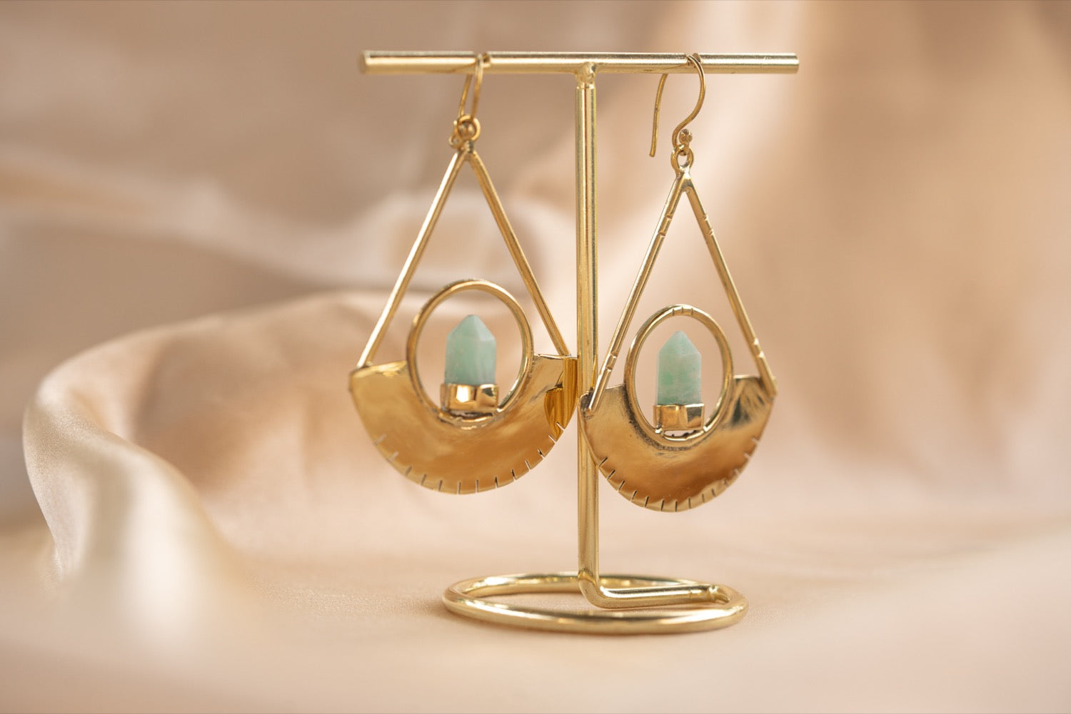Eclipse Drop handmade brass earring with amazonite stone — Land of Sundara