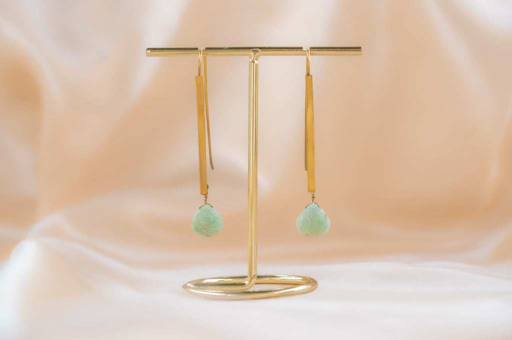 Horizon Drop handmade brass earring with amazonite stone — Land of Sundara