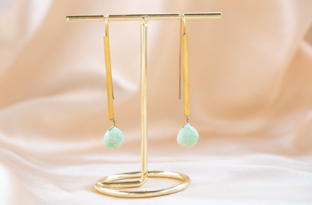 Horizon Drop handmade brass earring with amazonite stone — Land of Sundara