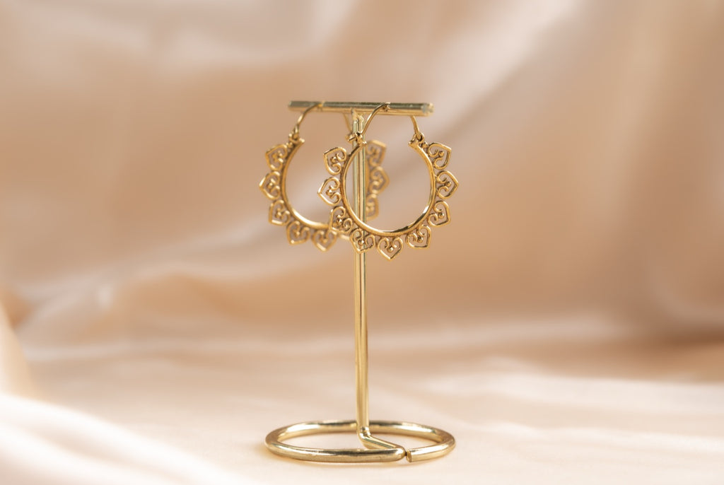 Open Mandala handmade brass earring in gold — Land of Sundara