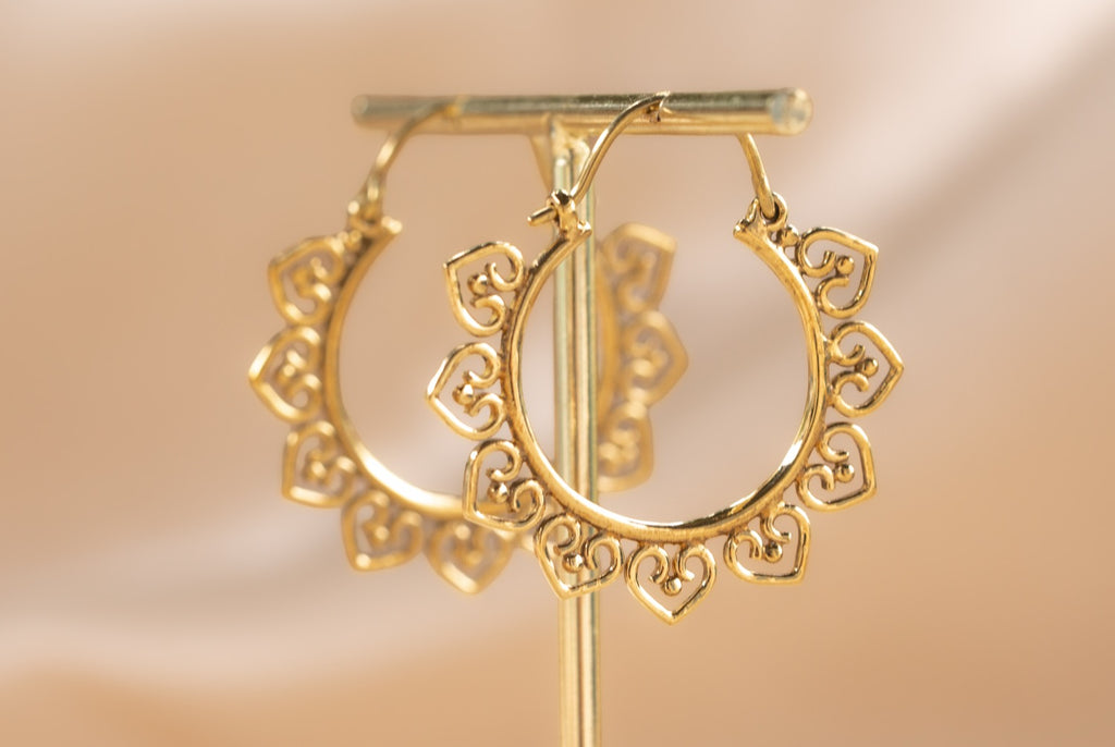 Open Mandala handmade brass earring in gold — Land of Sundara