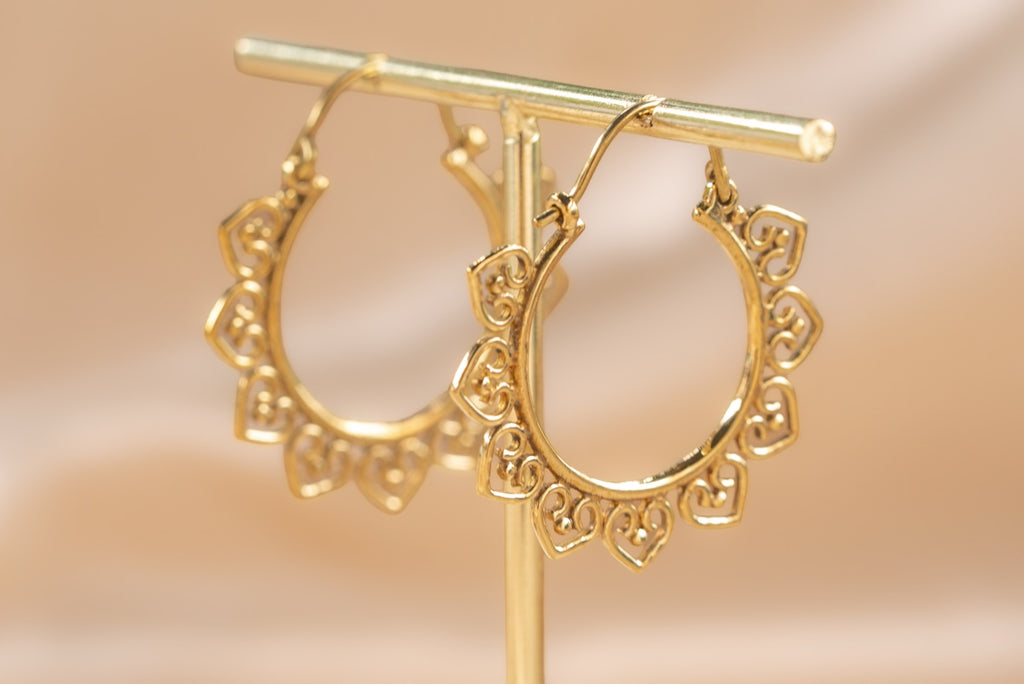 Open Mandala handmade brass earring in gold — Land of Sundara