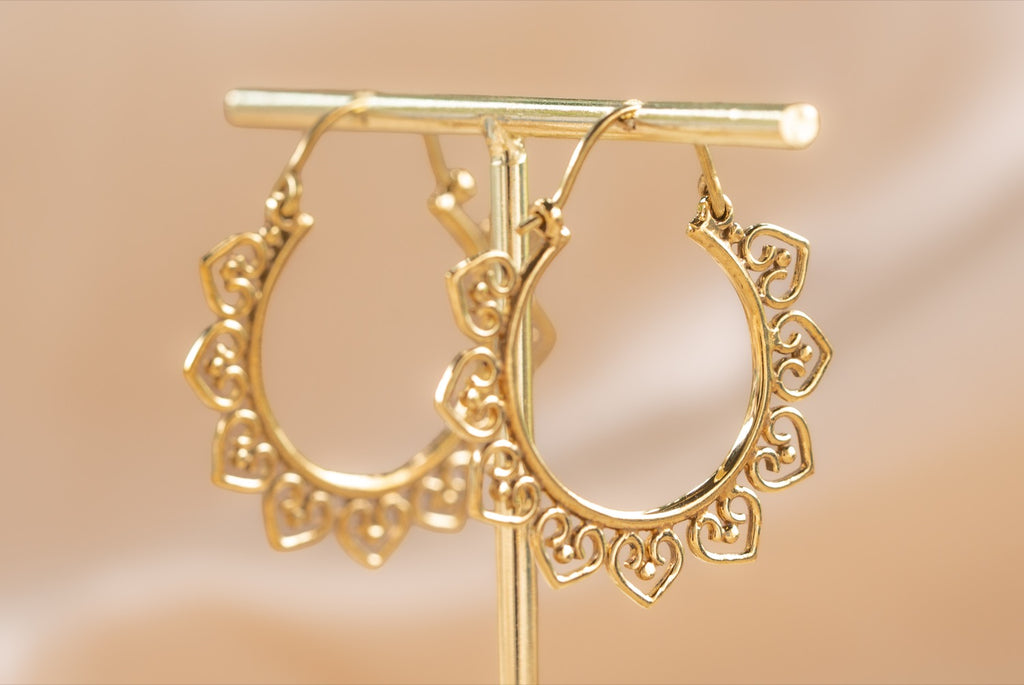 Open Mandala handmade brass earring in gold — Land of Sundara