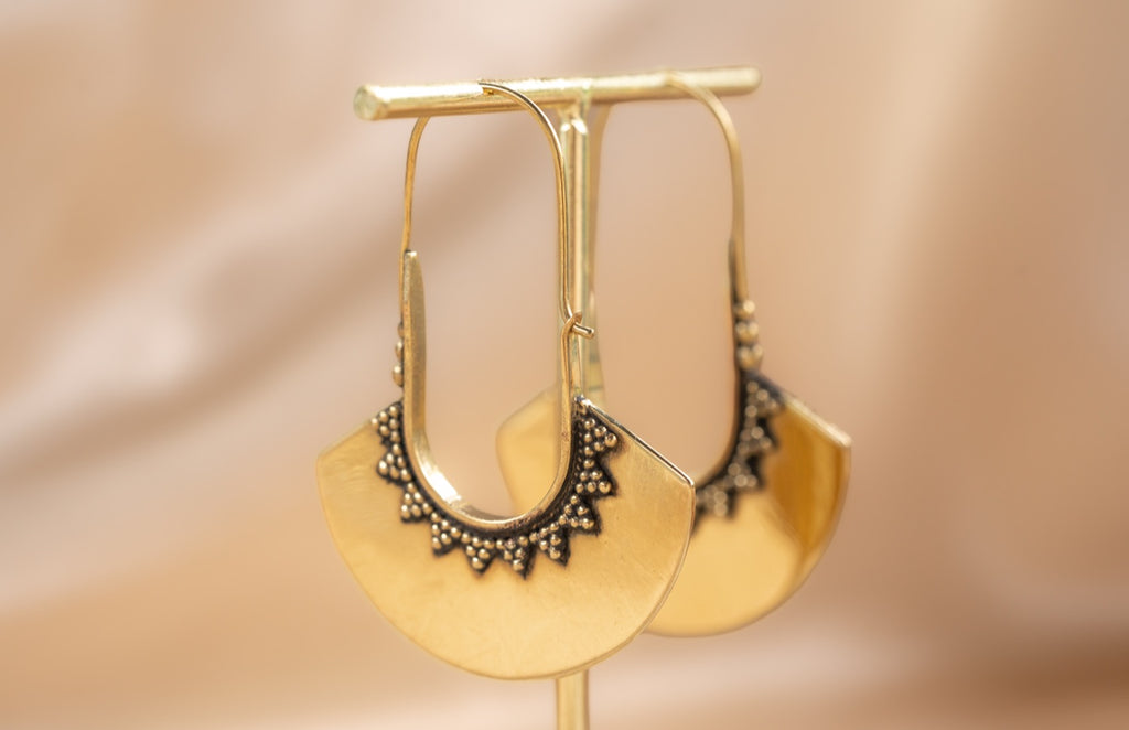Nomad Crescent handmade brass earring in gold — Land of Sundara