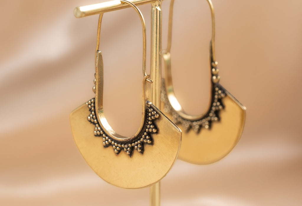 Nomad Crescent handmade brass earring in gold — Land of Sundara