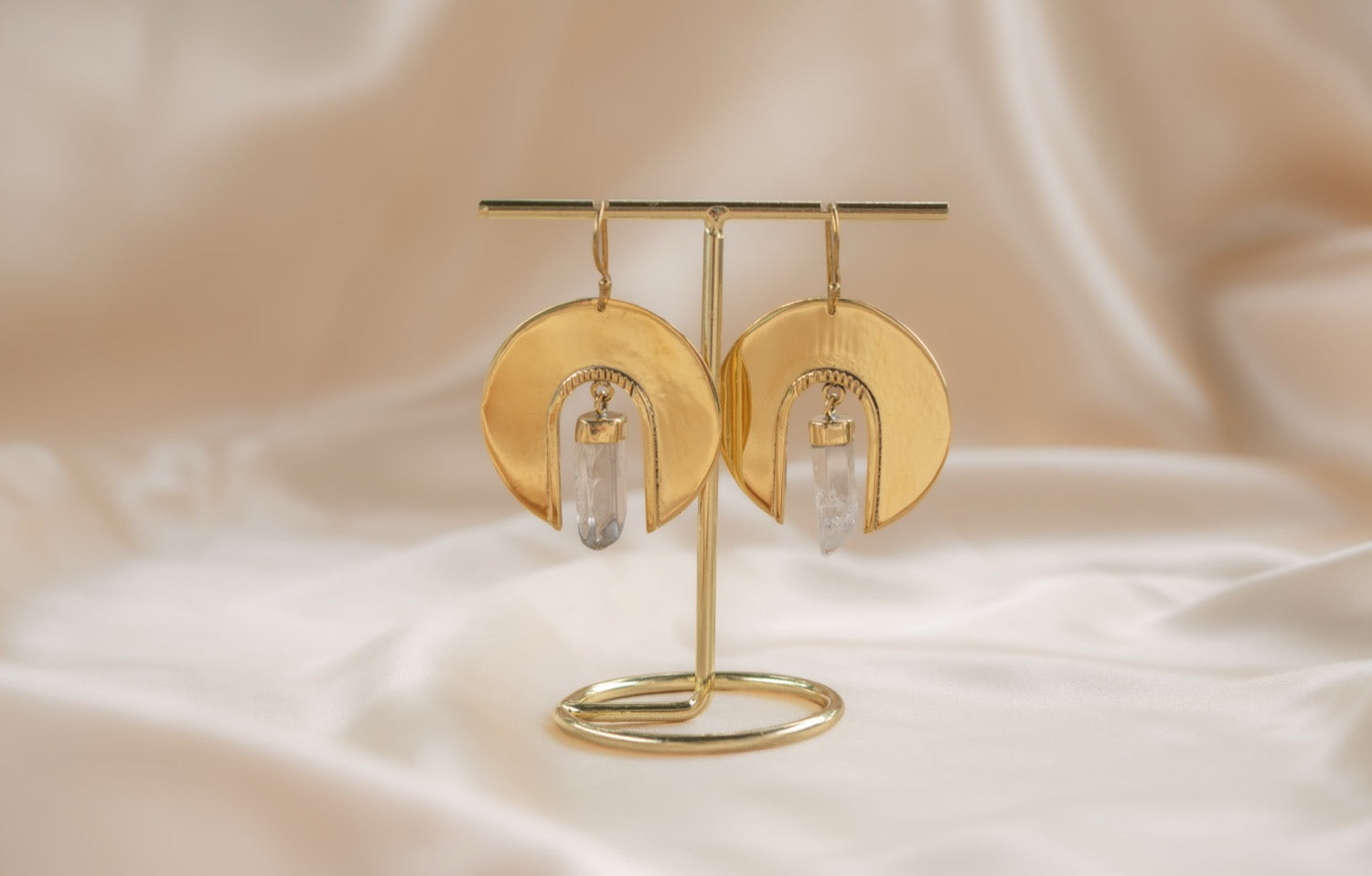 Waning Moon Quartz handmade brass earring with quartz stone — Land of Sundara