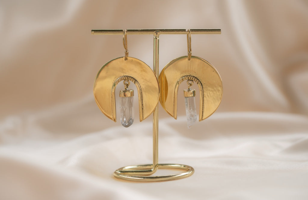 Waning Moon Quartz handmade brass earring with quartz stone — Land of Sundara