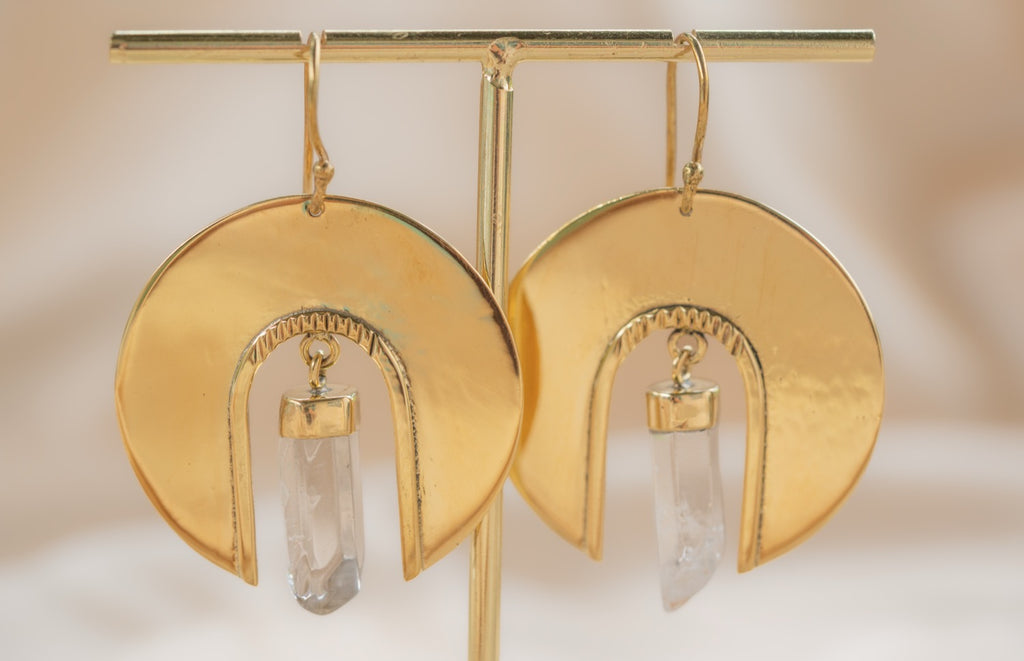 Waning Moon Quartz handmade brass earring with quartz stone — Land of Sundara