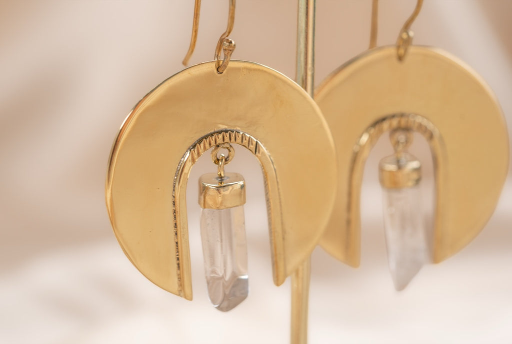 Waning Moon Quartz handmade brass earring with quartz stone — Land of Sundara