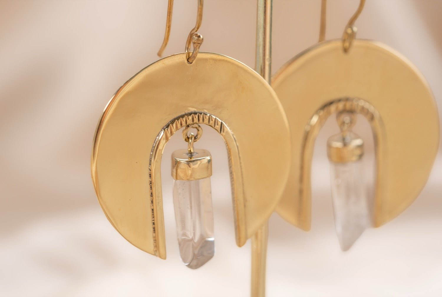 Waning Moon Quartz handmade brass earring with quartz stone — Land of Sundara