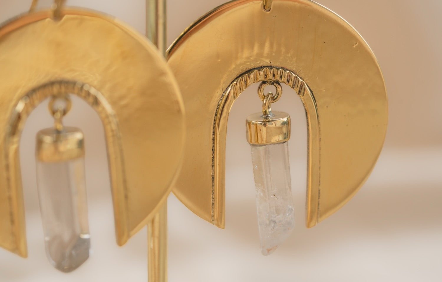 Waning Moon Quartz handmade brass earring with quartz stone — Land of Sundara