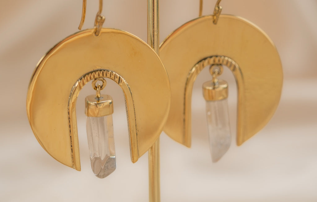 Waning Moon Quartz handmade brass earring with quartz stone — Land of Sundara