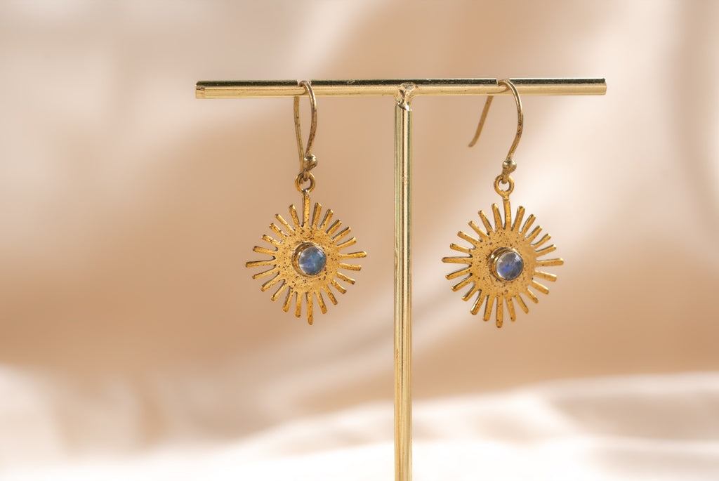 Mini Solstice handmade brass earring with blue labradorite stone — Land of Sundara