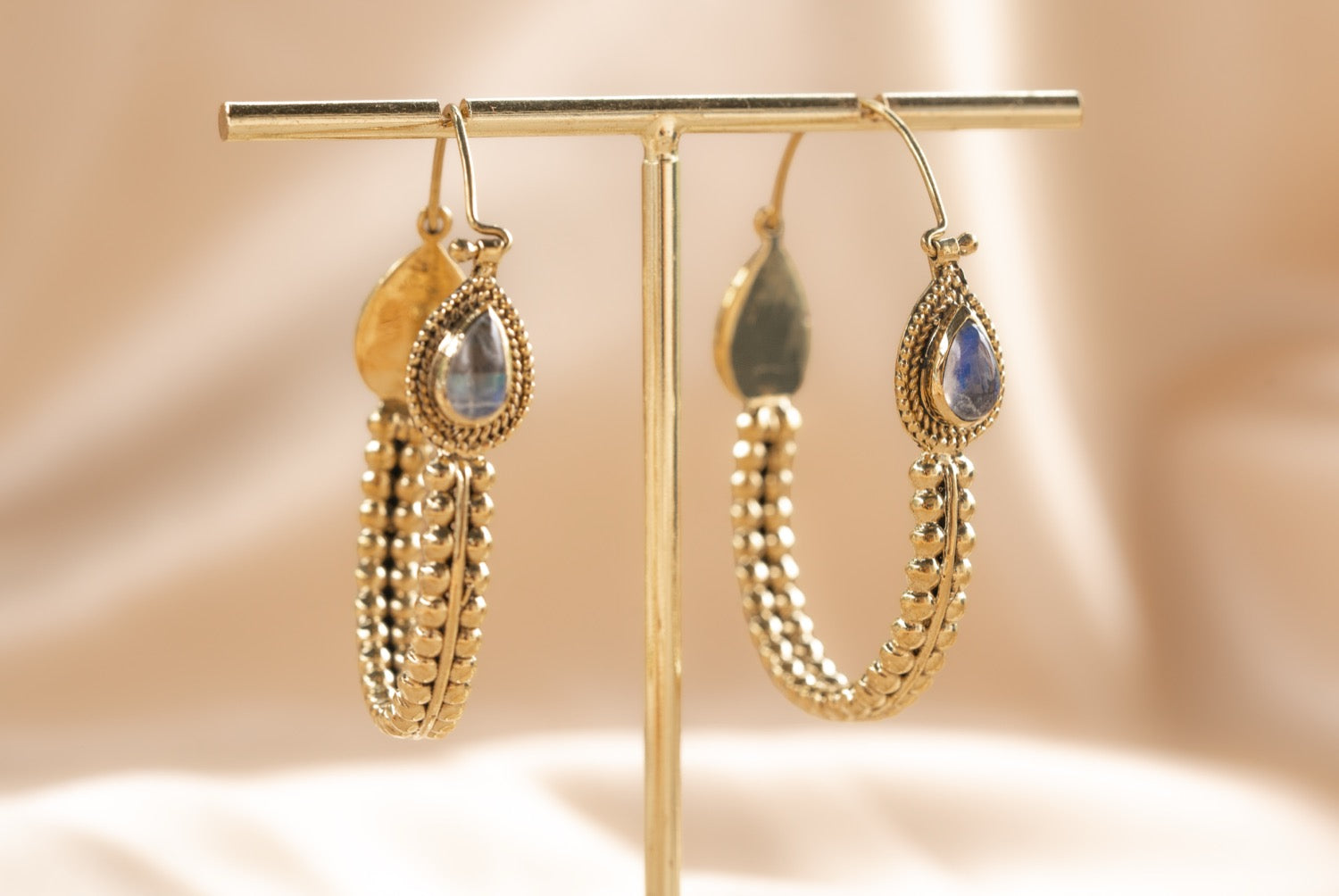 Jaipur Drop handmade brass earring with labradorite stone — Land of Sundara