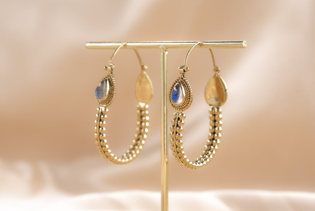 Jaipur Drop handmade brass earring with labradorite stone — Land of Sundara