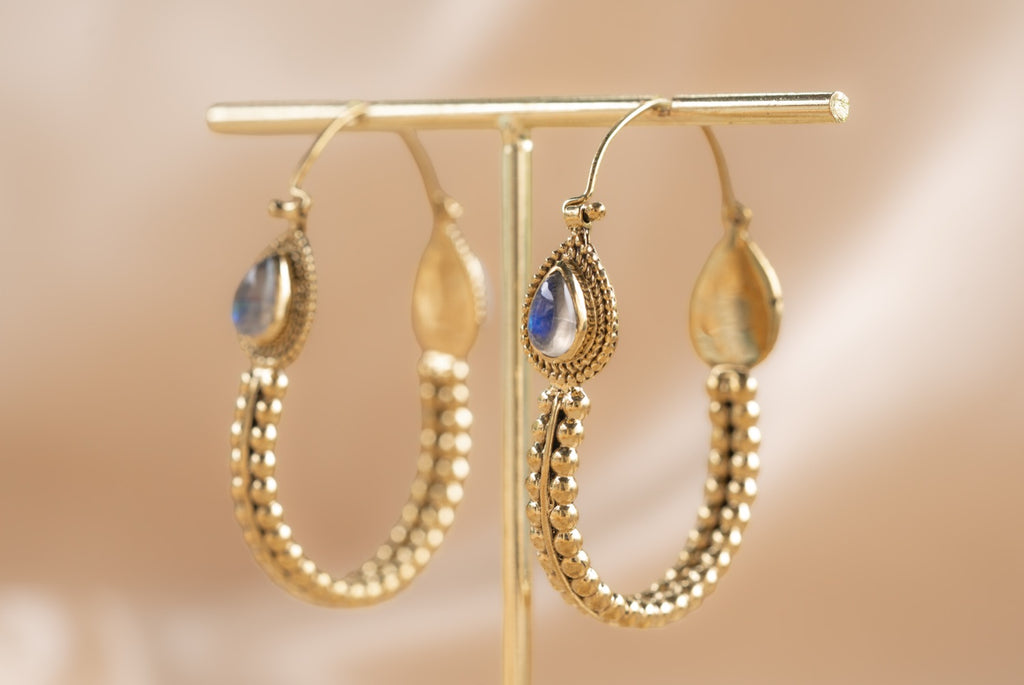Jaipur Drop handmade brass earring with labradorite stone — Land of Sundara