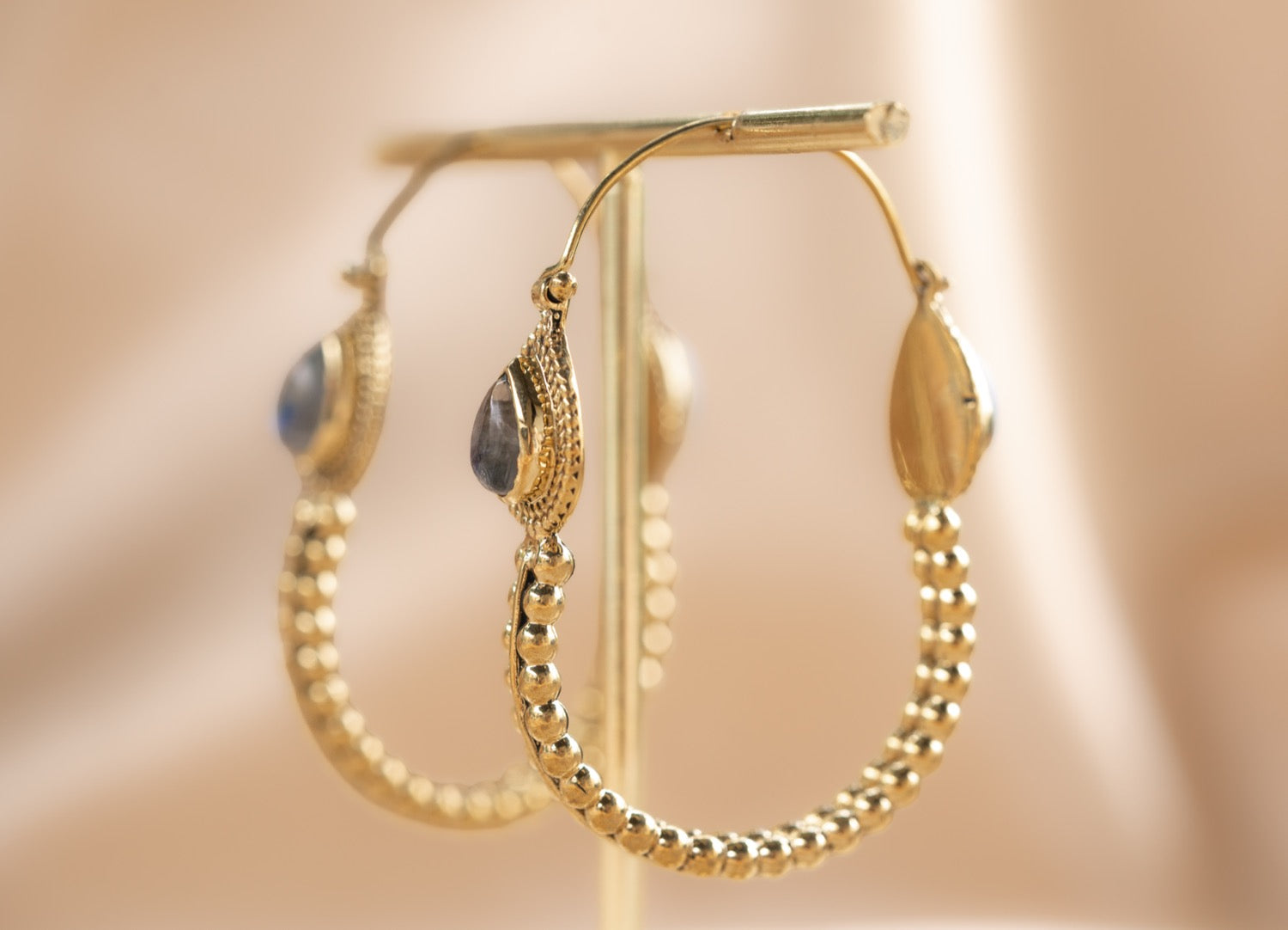 Jaipur Drop handmade brass earring with labradorite stone — Land of Sundara