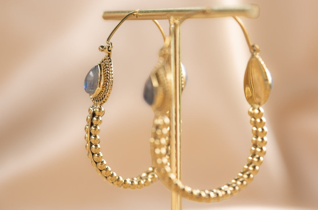 Jaipur Drop handmade brass earring with labradorite stone — Land of Sundara