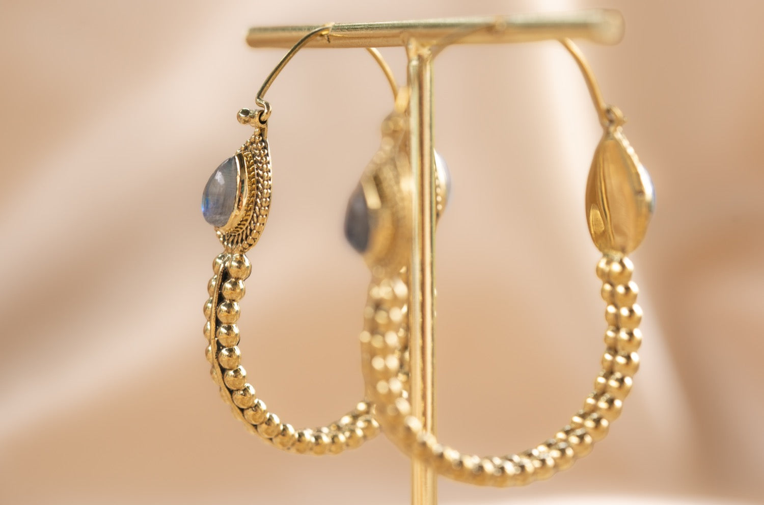 Jaipur Drop handmade brass earring with labradorite stone — Land of Sundara
