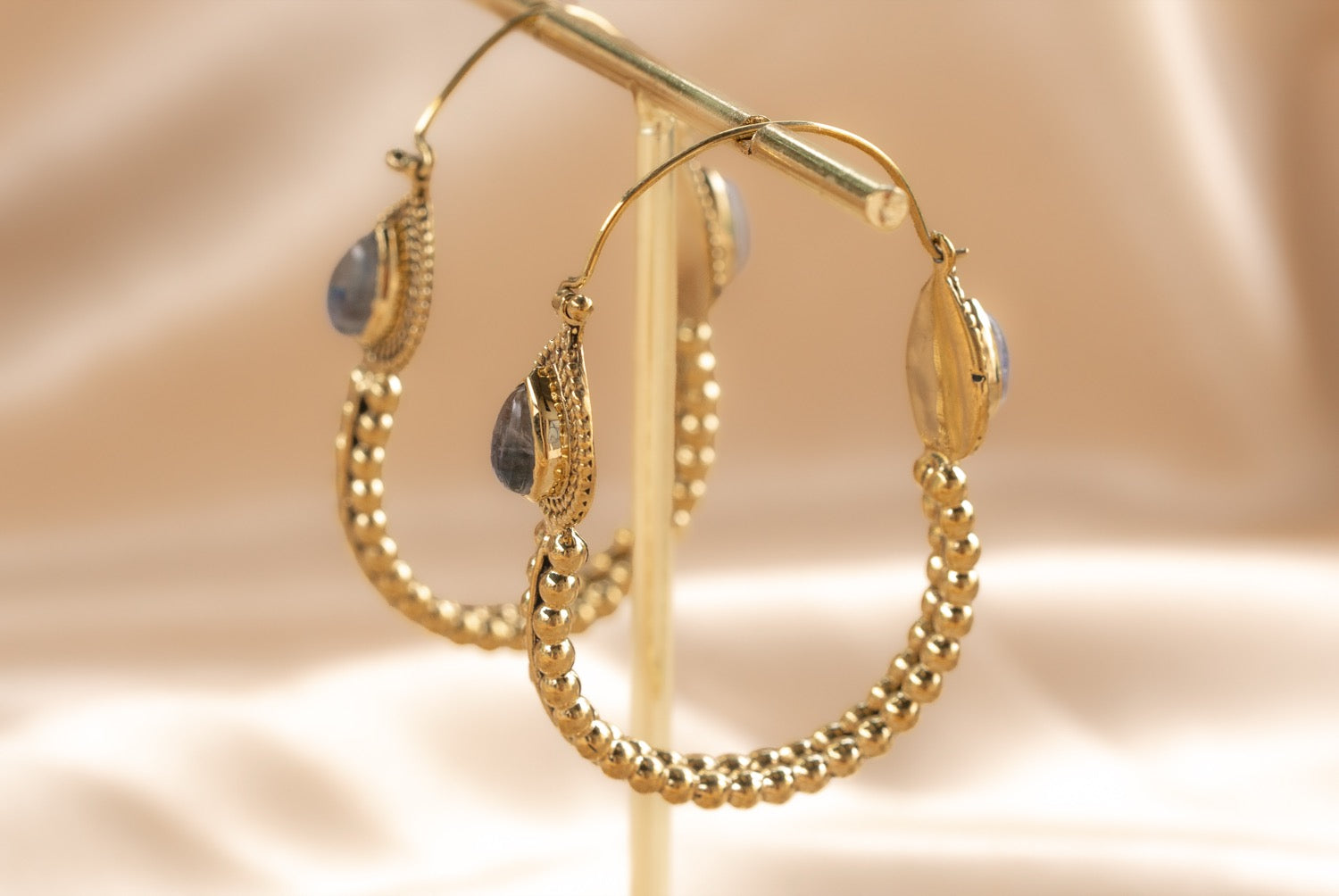Jaipur Drop handmade brass earring with labradorite stone — Land of Sundara