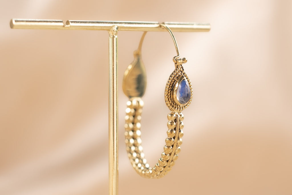 Jaipur Drop handmade brass earring with labradorite stone — Land of Sundara