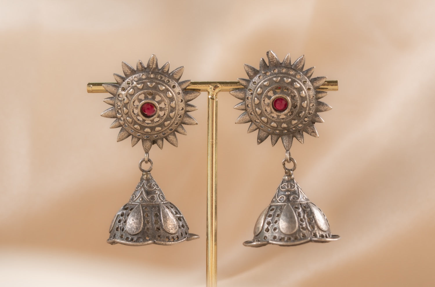 Jaipur Ruby Drop handmade silver plated earring with ruby stone — Land of Sundara
