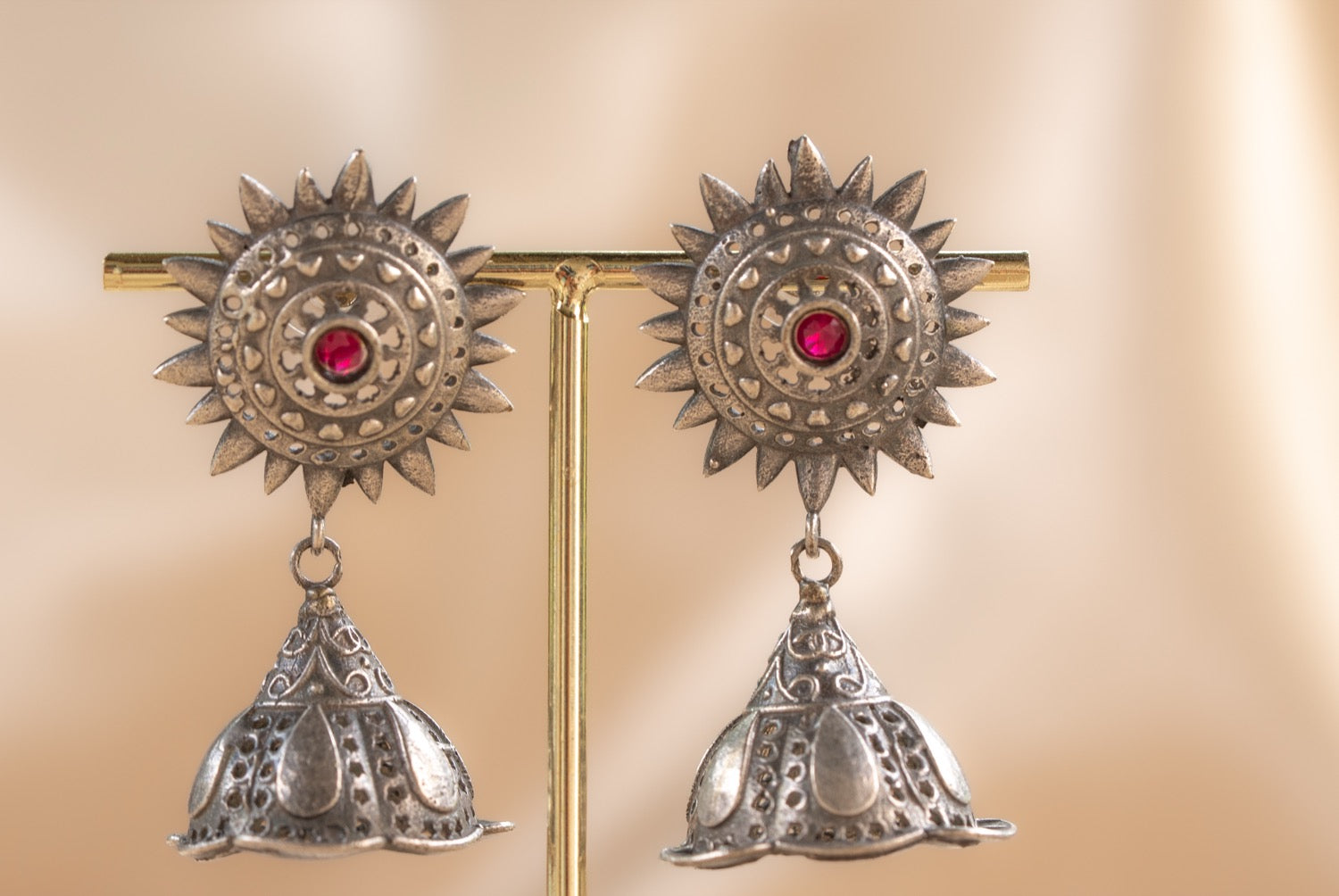 Jaipur Ruby Drop handmade silver plated earring with ruby stone — Land of Sundara