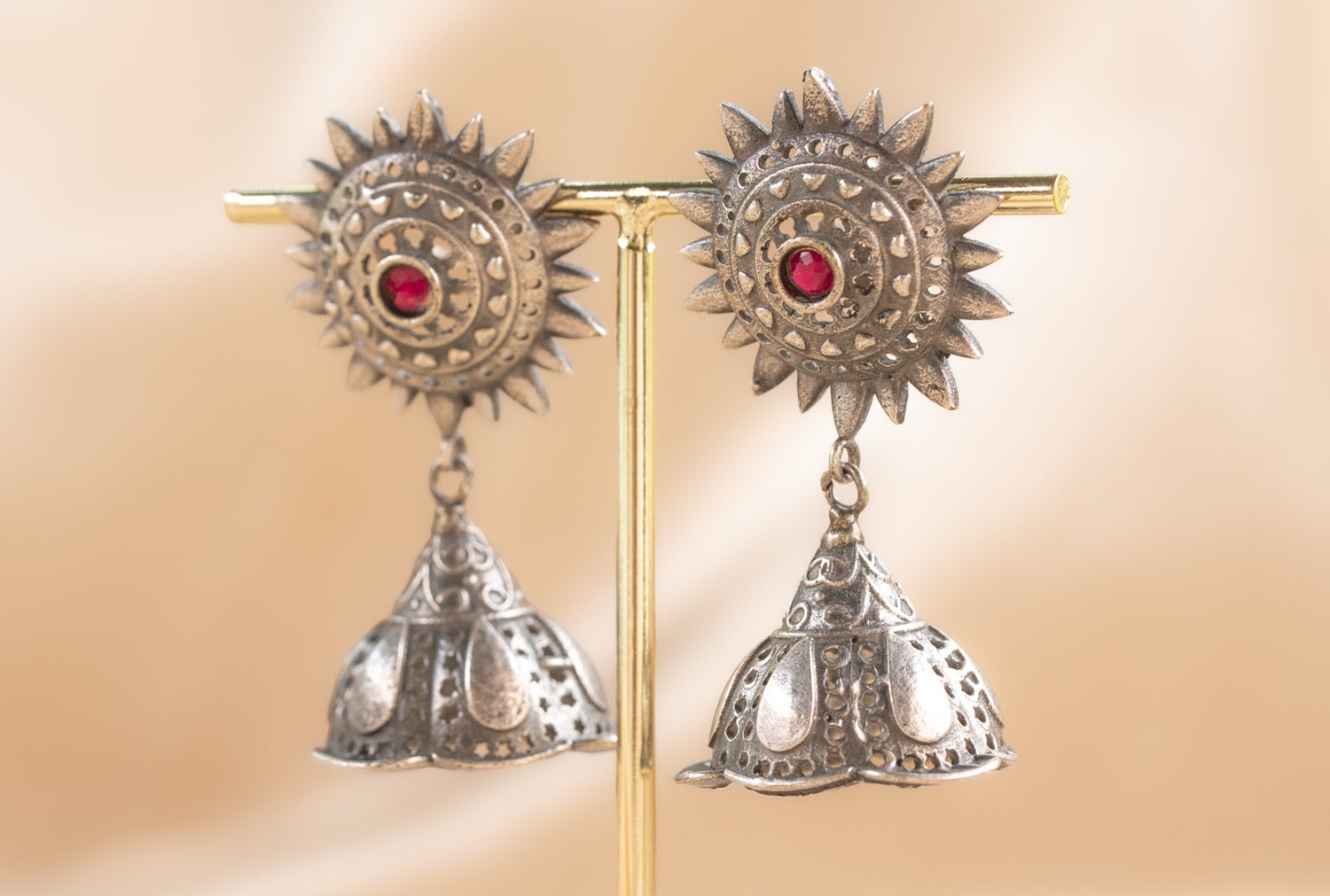 Jaipur Ruby Drop handmade silver plated earring with ruby stone — Land of Sundara