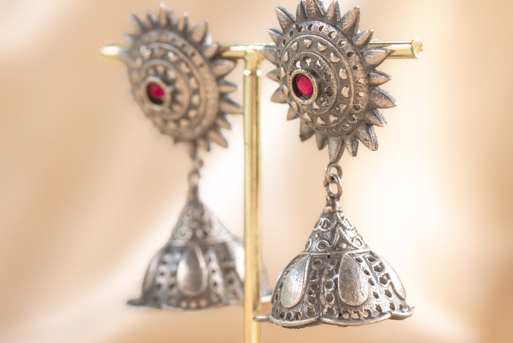Jaipur Ruby Drop handmade silver plated earring with ruby stone — Land of Sundara