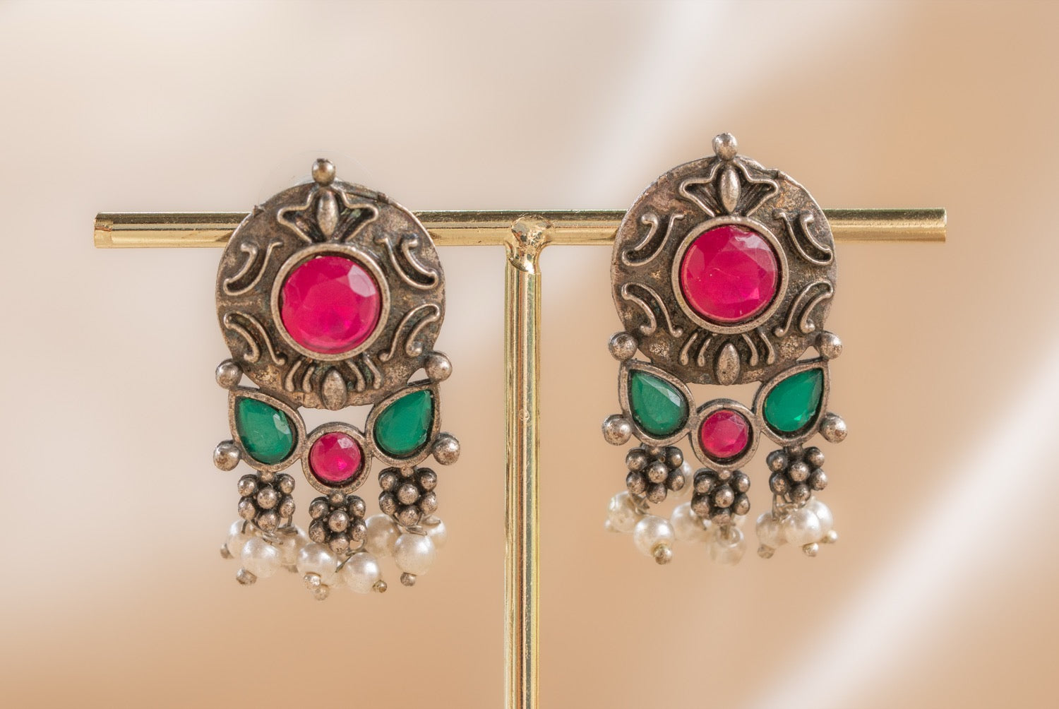 Jaipur Trinity Stud handmade silver plated earring with ruby / green onyx / pearl stone — Land of Sundara