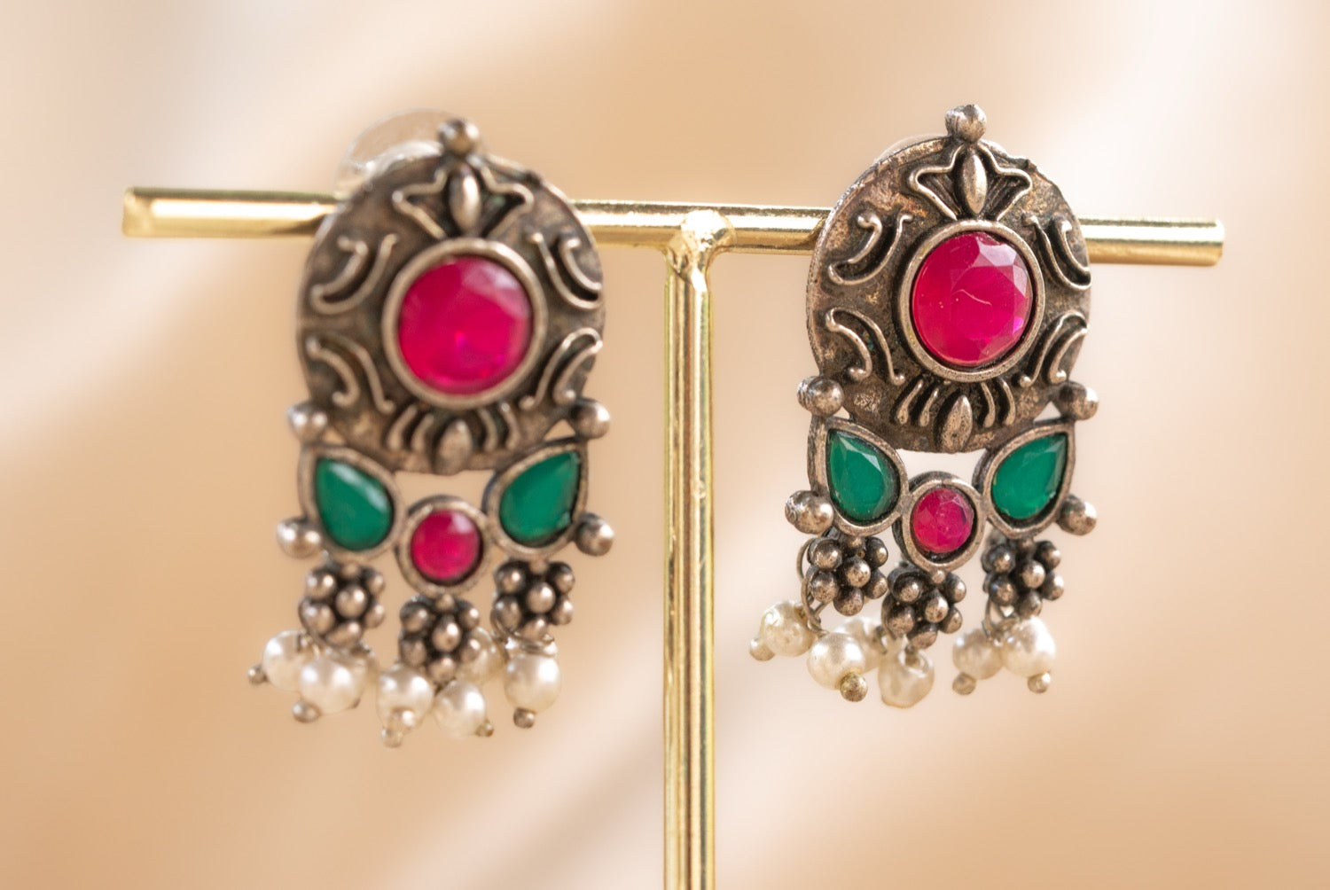Jaipur Trinity Stud handmade silver plated earring with ruby / green onyx / pearl stone — Land of Sundara