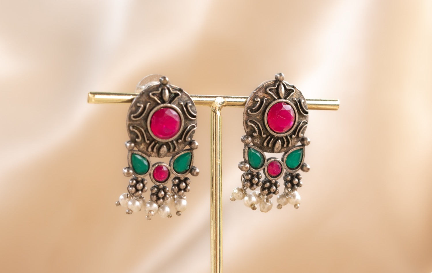 Jaipur Trinity Stud handmade silver plated earring with ruby / green onyx / pearl stone — Land of Sundara