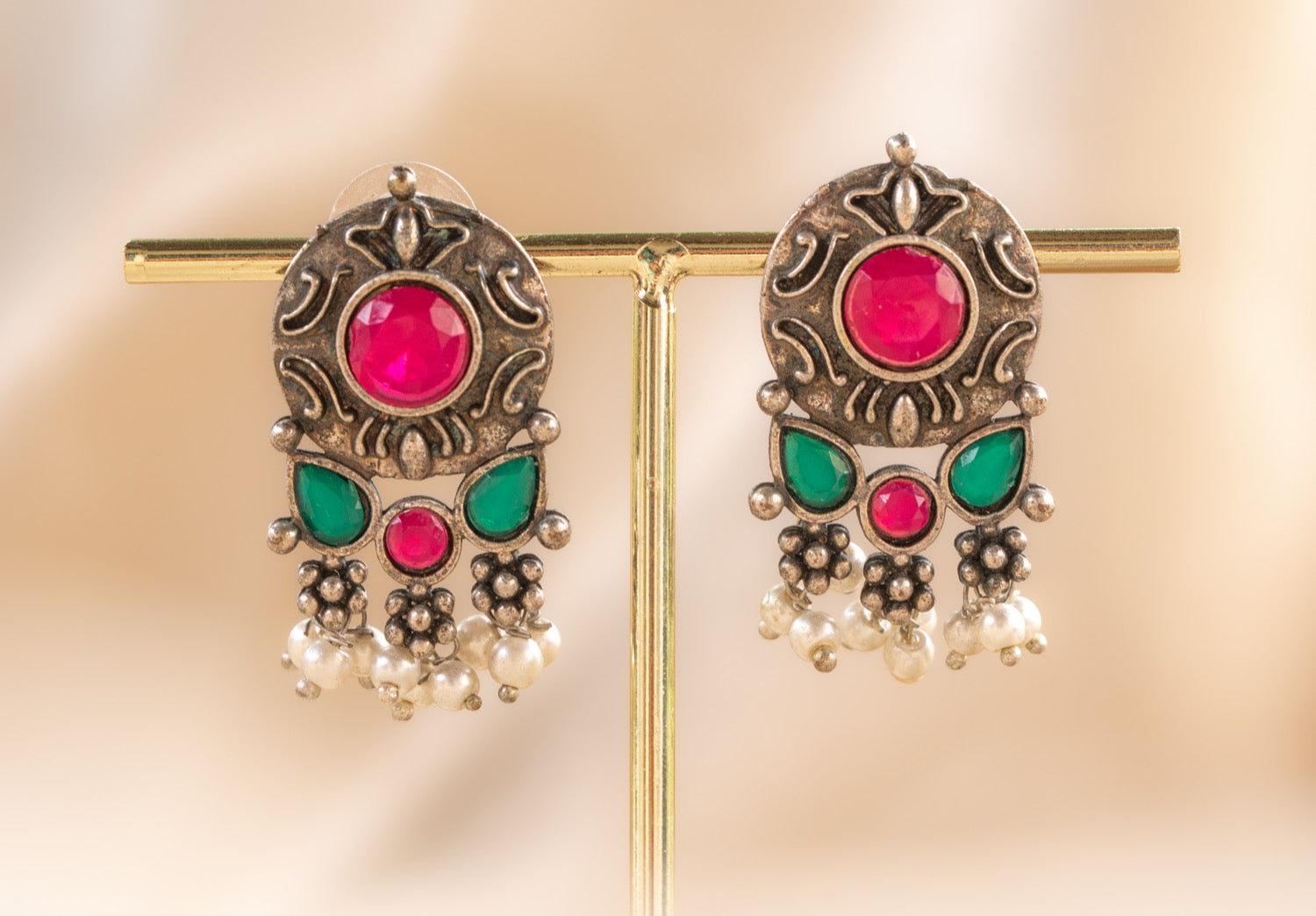 Jaipur Trinity Stud handmade silver plated earring with ruby / green onyx / pearl stone — Land of Sundara