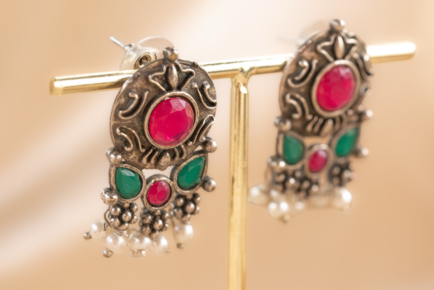 Jaipur Trinity Stud handmade silver plated earring with ruby / green onyx / pearl stone — Land of Sundara