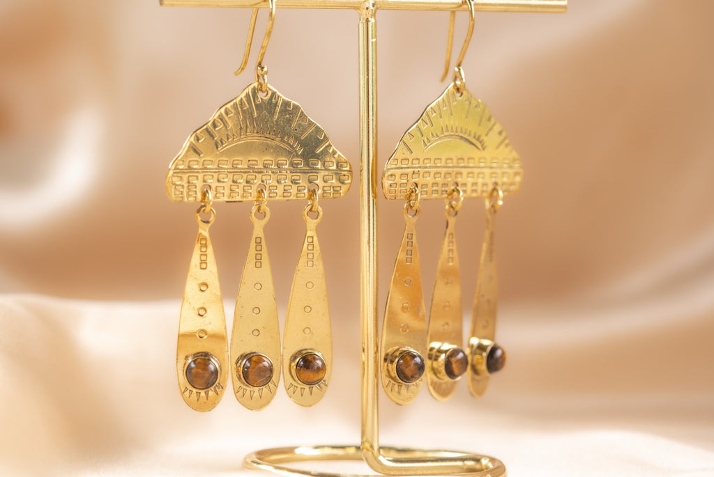 Cloud Drop handmade brass earring with tiger's eye stone — Land of Sundara