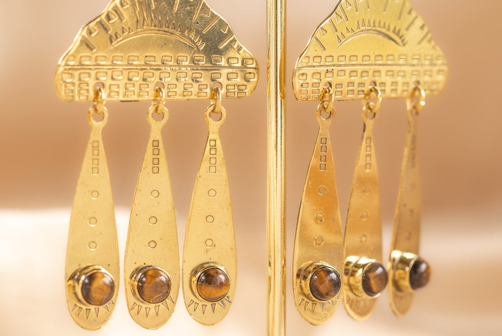 Cloud Drop handmade brass earring with tiger's eye stone — Land of Sundara
