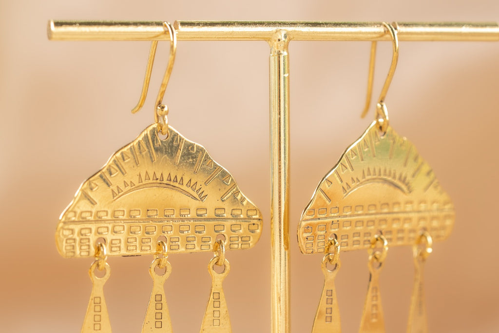 Cloud Drop handmade brass earring with tiger's eye stone — Land of Sundara