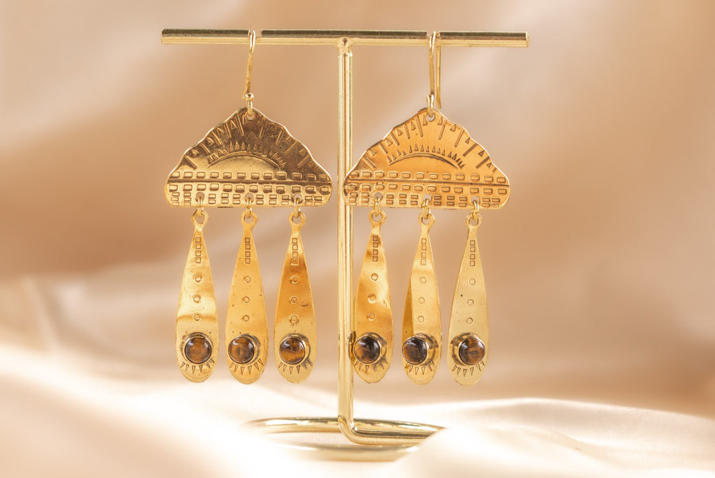 Cloud Drop handmade brass earring with tiger's eye stone — Land of Sundara