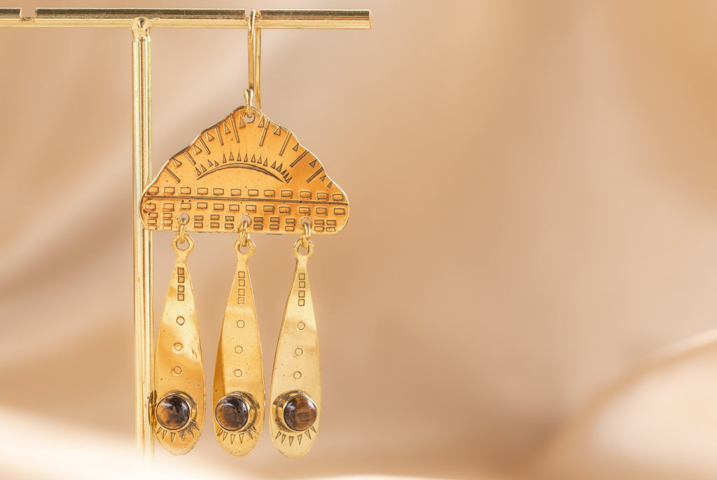 Cloud Drop handmade brass earring with tiger's eye stone — Land of Sundara