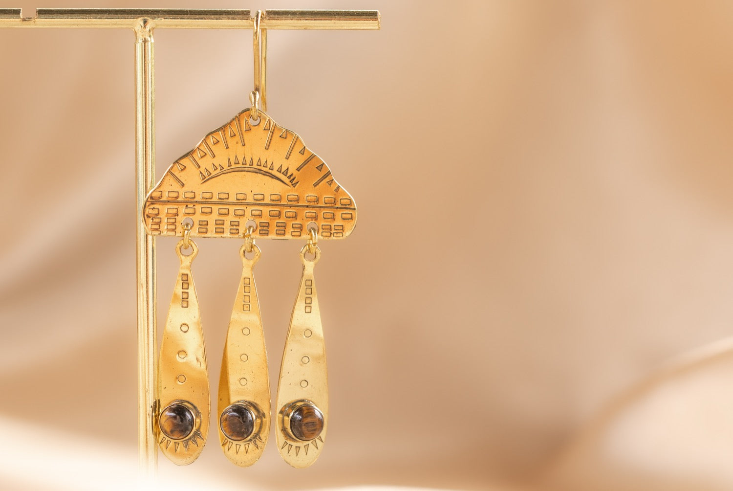 Cloud Drop handmade brass earring with tiger's eye stone — Land of Sundara