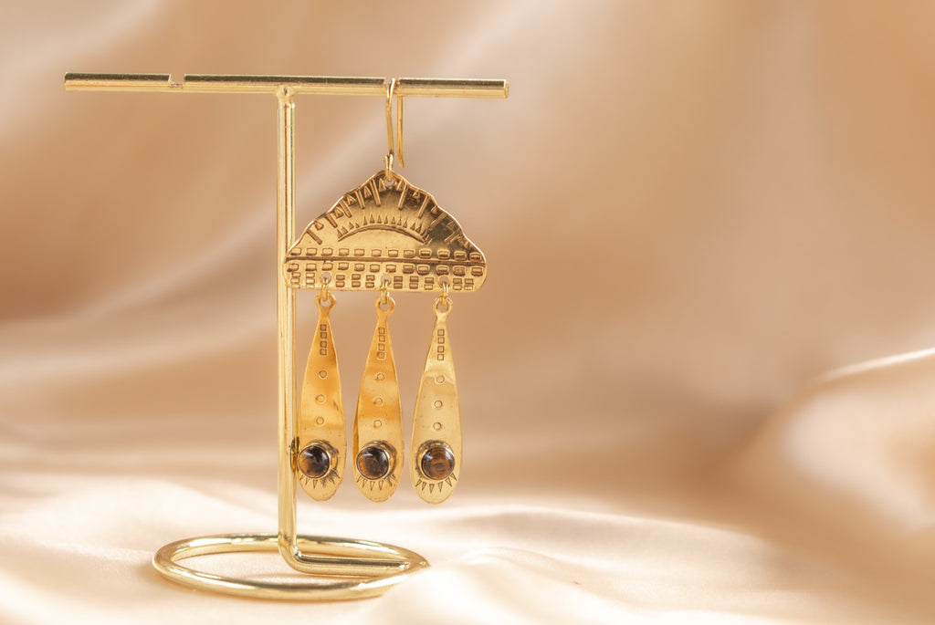 Cloud Drop handmade brass earring with tiger's eye stone — Land of Sundara