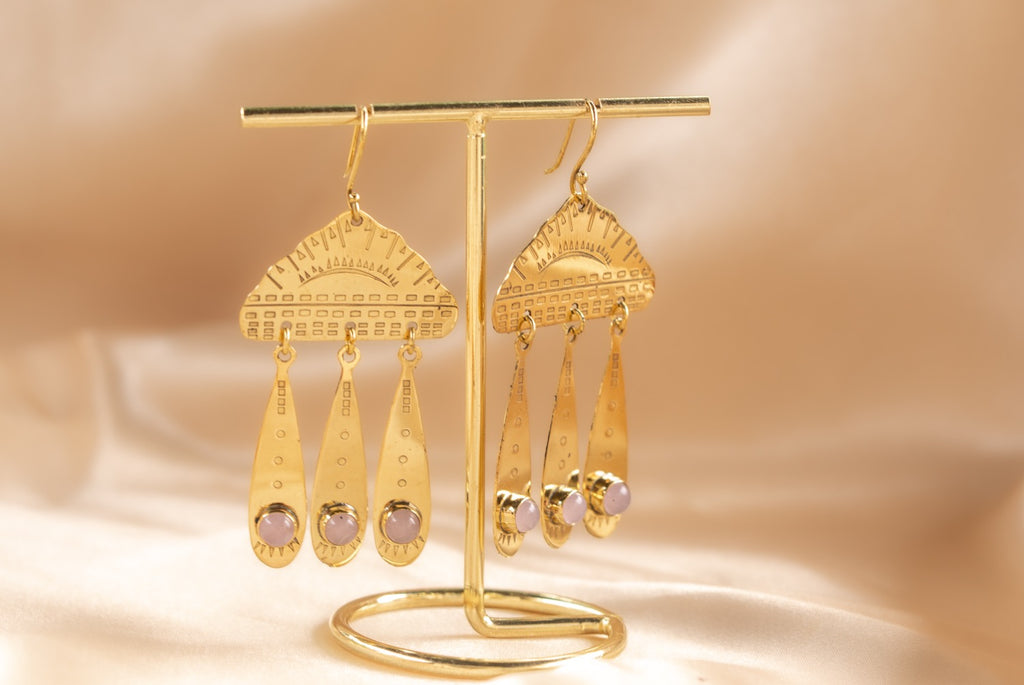 Cloud Drop handmade brass earring with tiger's eye stone — Land of Sundara